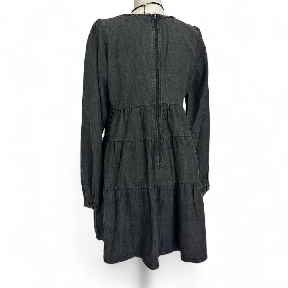 Square Neck Dark Wash Tiered Long Sleeve Denim Dress L - Picture 3 of 9